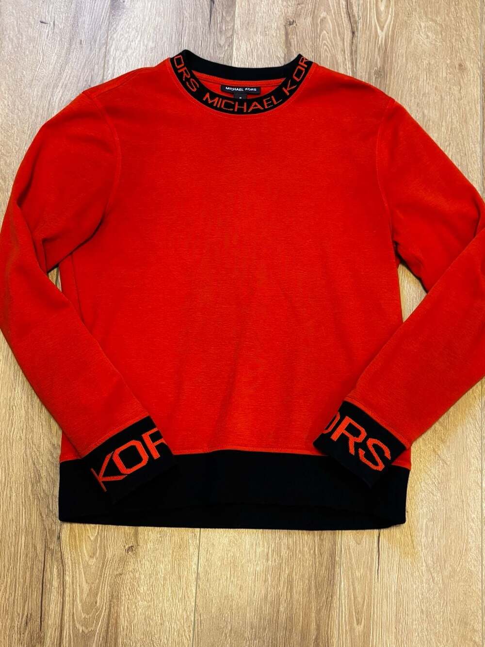 Michael Kors Logo Tape Cotton Blend Sweater Size M Orange Black